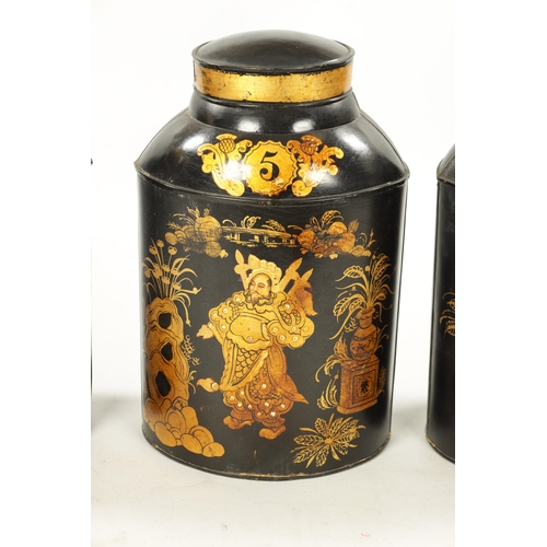 926 - A SET OF FOUR 19TH CENTURY CHINOISERIE LACQUERED TOLE TEA CANISTERS of oval form decorated with Chin... 