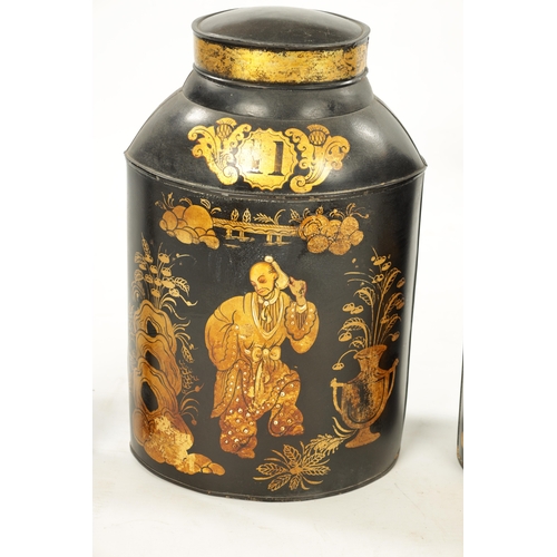 926 - A SET OF FOUR 19TH CENTURY CHINOISERIE LACQUERED TOLE TEA CANISTERS of oval form decorated with Chin... 