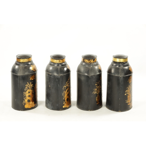 926 - A SET OF FOUR 19TH CENTURY CHINOISERIE LACQUERED TOLE TEA CANISTERS of oval form decorated with Chin... 