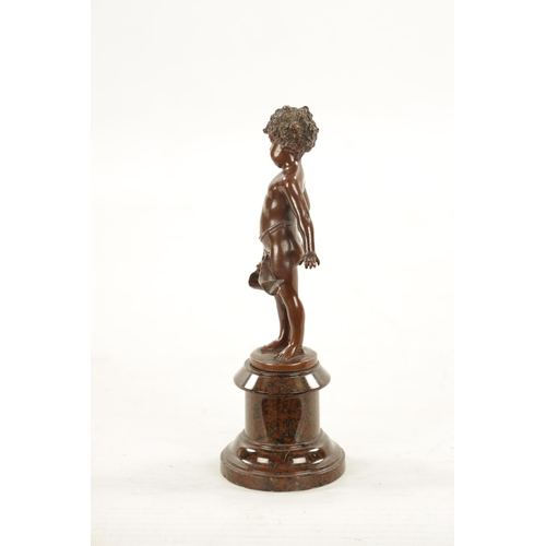 931 - A SMALL 19TH CENTURY BROWN PATINATED BRONZE OF A BOY depicted with a beetle on his belly, mounted on... 