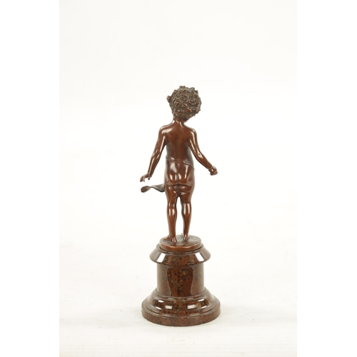 931 - A SMALL 19TH CENTURY BROWN PATINATED BRONZE OF A BOY depicted with a beetle on his belly, mounted on... 