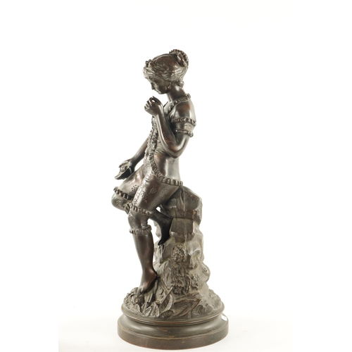 933 - GUSTAVE REY. A 19TH CENTURY FRENCH BRONZE FIGURE OF A YOUNG LADY in bathing clothes seated on a rock... 