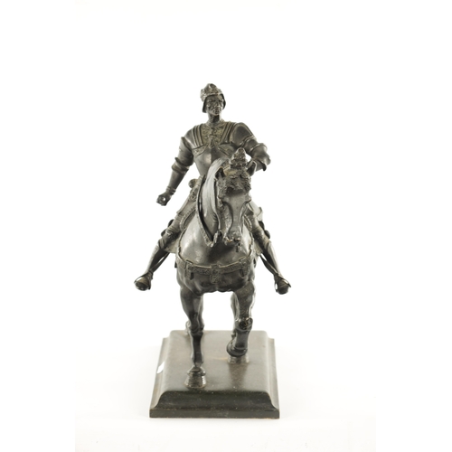 935 - A 19TH CENTURY BRONZE EQUESTRIAN STATUE OF BARTOLOMEO COLLEONI in full armour seated on horse back -... 