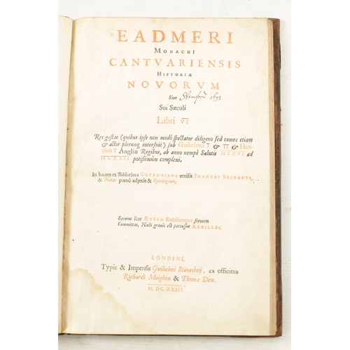 943 - 'EADMER OF CANTERBURY' A 17TH CENTURY LEATHER BOUND BOOK TITLED 'EADMERI MONACHI CANTUARIENSIS HISTO... 