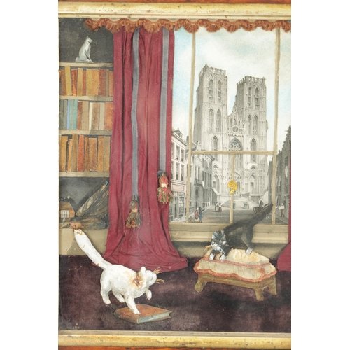 945 - A RARE REGENCY 3D PICTURE DEPICTING AN INTERIOR SCENE having cats playing in front of a window - in ... 