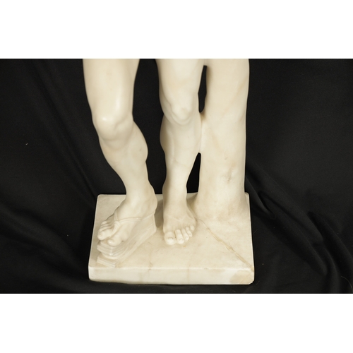 947 - A 19TH CENTURY ITALIAN CARRERA MARBLE SCULPTURE OF A DANCING FAUN ON LATER SQUARE COLUMN BASE - unsi... 