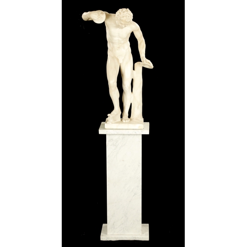 947 - A 19TH CENTURY ITALIAN CARRERA MARBLE SCULPTURE OF A DANCING FAUN ON LATER SQUARE COLUMN BASE - unsi... 