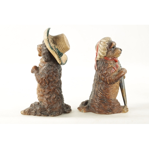 948 - A PAIR OF LATE 19TH CENTURY AUSTRIAN COLD-PAINTED TERRACOTTA MODELS OF DOGS seated with hats and one... 