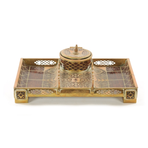 950 - ERHARD & SOHNE, A ROSEWOOD AND BRASS INLAID INK STAND of rectangular form, central circular inkwell ... 