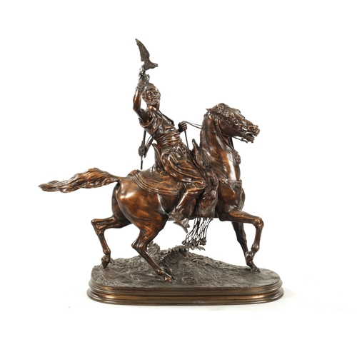 961 - AFTER P. J. MENE. A 19TH CENTURY PATINATED BRONZE SCULPTURE OF AN ARABIAN MAN ON HORSEBACK with falc... 