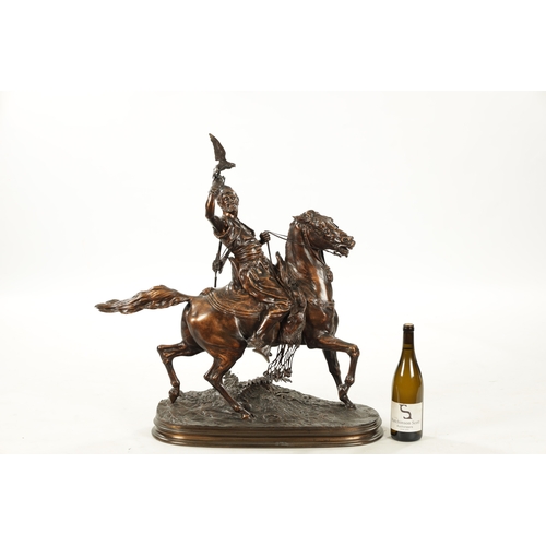 961 - AFTER P. J. MENE. A 19TH CENTURY PATINATED BRONZE SCULPTURE OF AN ARABIAN MAN ON HORSEBACK with falc... 