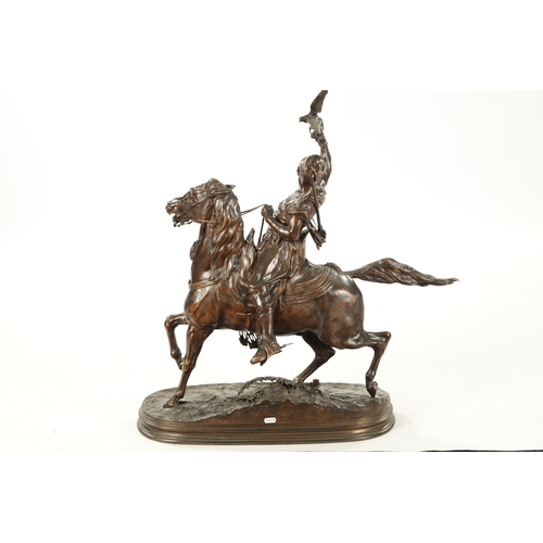 961 - AFTER P. J. MENE. A 19TH CENTURY PATINATED BRONZE SCULPTURE OF AN ARABIAN MAN ON HORSEBACK with falc... 