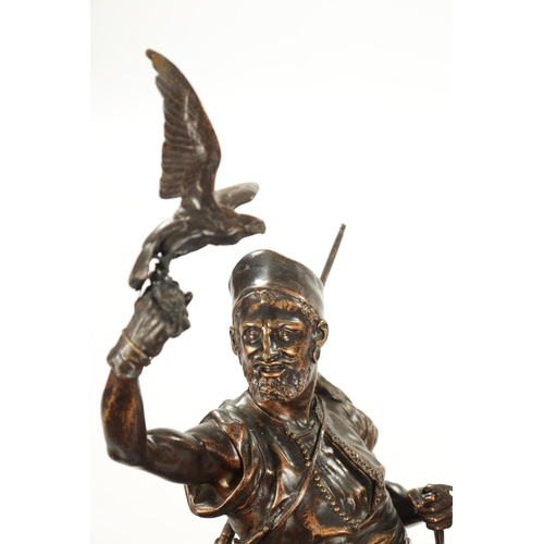 961 - AFTER P. J. MENE. A 19TH CENTURY PATINATED BRONZE SCULPTURE OF AN ARABIAN MAN ON HORSEBACK with falc... 