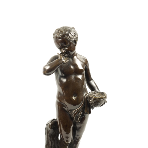 972 - A PAIR OF 19TH CENTURY FIGURAL BRONZES depicting young girls mounted on veined marble socle bases (3... 