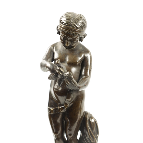 972 - A PAIR OF 19TH CENTURY FIGURAL BRONZES depicting young girls mounted on veined marble socle bases (3... 