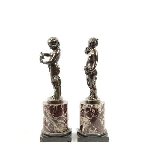 972 - A PAIR OF 19TH CENTURY FIGURAL BRONZES depicting young girls mounted on veined marble socle bases (3... 