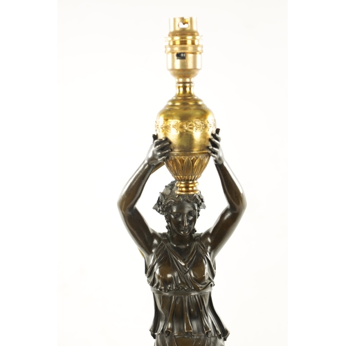 973 - A PAIR OF REGENCY GILT AND BRONZE FIGURAL LAMP BASES depicting standing females holding urns; raised... 