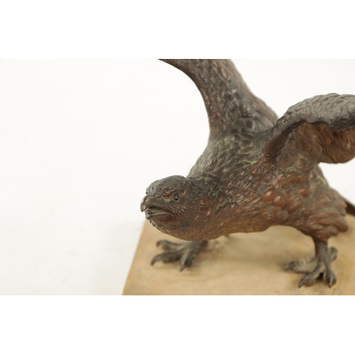 977 - A 19TH CENTURY COLD PAINTED BRONZE SCULPTURE modelled as an eagle with spread-out wings on a marble ... 