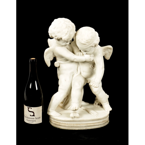 989 - A LATE 19TH CENTURY CARVED MARBLE GROUP OF TWO CHERUBS (46cm high)