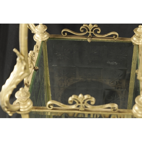 992 - A 19TH CENTURY BRASS HANGING HALL LANTERN with etched, cut glass panels and leaf cast frame (73cm hi... 