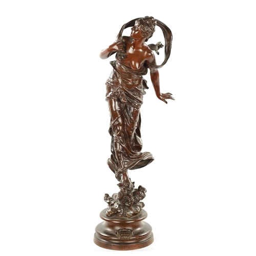 994 - JEAN-JULES CAMBOS (1828-1885). A FINE 19TH CENTURY BROWN PATINATED BRONZE SCULPTURE OF A YOUNG LADY ... 