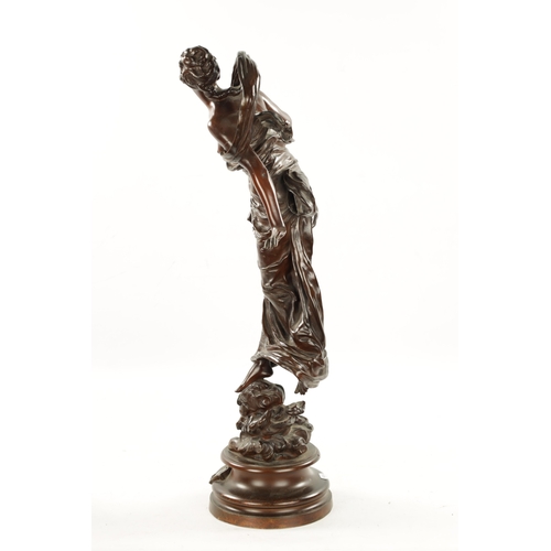 994 - JEAN-JULES CAMBOS (1828-1885). A FINE 19TH CENTURY BROWN PATINATED BRONZE SCULPTURE OF A YOUNG LADY ... 