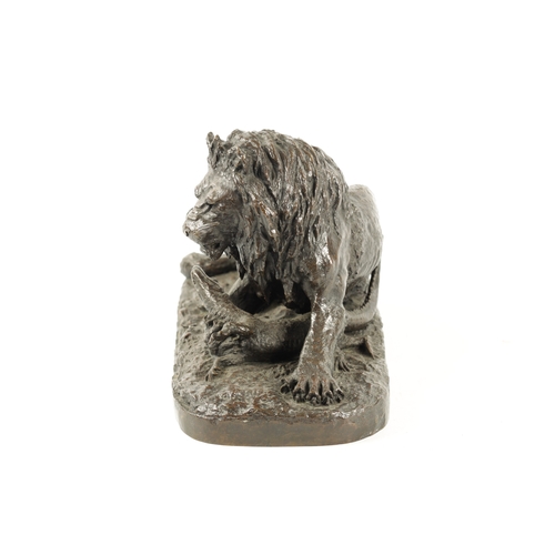 995 - CHRISTOPE FRATIN (1801 - 1864). A 19TH CENTURY BRONZE ANIMALIER GROUP depicting a Lion praying on a ... 