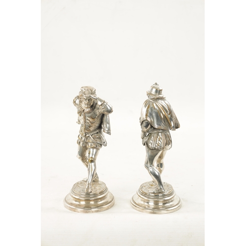 998 - EMILE GUILLEMIN. A PAIR OF SILVERED BRONZE SCULPTURES DEPICTING CAVALIERS on oval moulded bases - si... 