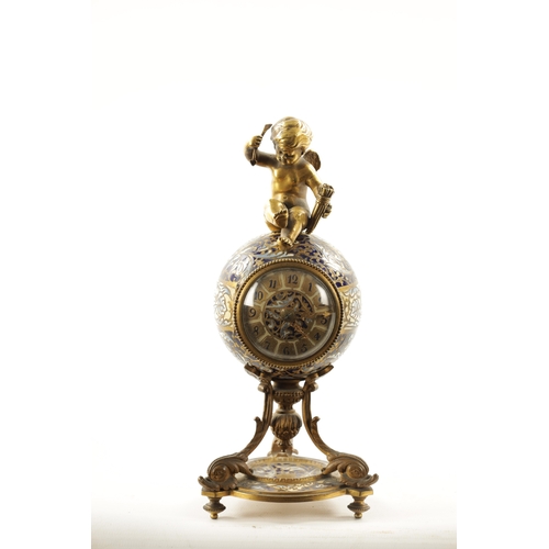 1196 - A LATE 19TH CENTURY FRENCH ORMOLU CHAMPLEVE ENAMEL MANTEL CLOCK surmounted by Cupid above a spherica... 