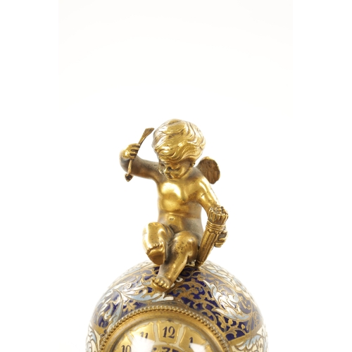 1196 - A LATE 19TH CENTURY FRENCH ORMOLU CHAMPLEVE ENAMEL MANTEL CLOCK surmounted by Cupid above a spherica... 