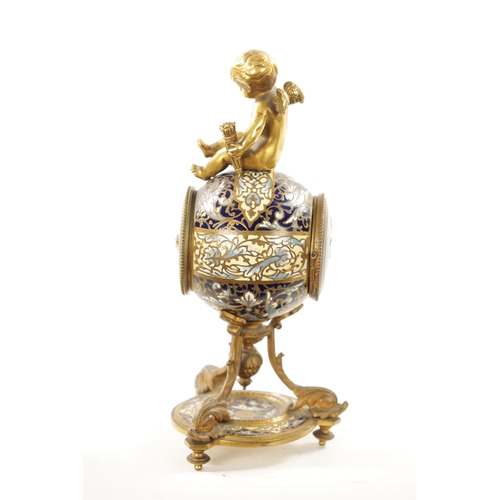 1196 - A LATE 19TH CENTURY FRENCH ORMOLU CHAMPLEVE ENAMEL MANTEL CLOCK surmounted by Cupid above a spherica... 