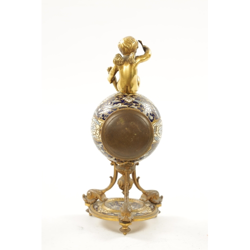 1196 - A LATE 19TH CENTURY FRENCH ORMOLU CHAMPLEVE ENAMEL MANTEL CLOCK surmounted by Cupid above a spherica... 