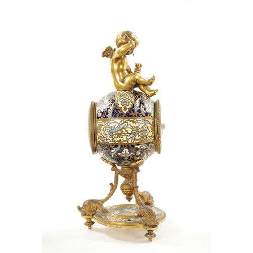 1196 - A LATE 19TH CENTURY FRENCH ORMOLU CHAMPLEVE ENAMEL MANTEL CLOCK surmounted by Cupid above a spherica... 