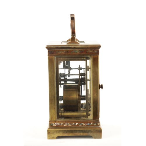 1197 - A LATE 19TH CENTURY FRENCH CHAMPLEVE ENAMEL CARRIAGE CLOCK having a masked enamel dial fronting an e... 