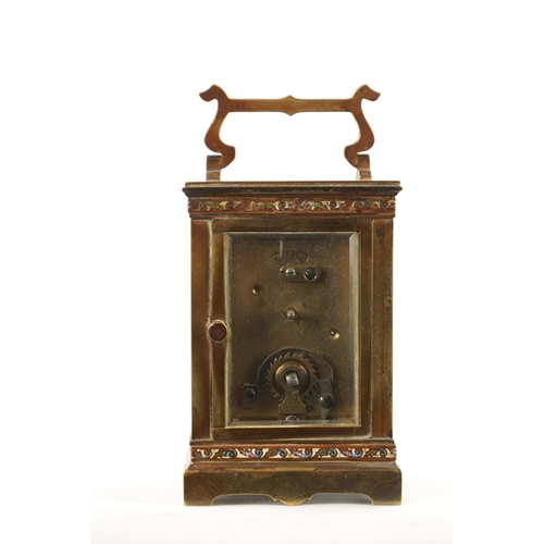 1197 - A LATE 19TH CENTURY FRENCH CHAMPLEVE ENAMEL CARRIAGE CLOCK having a masked enamel dial fronting an e... 