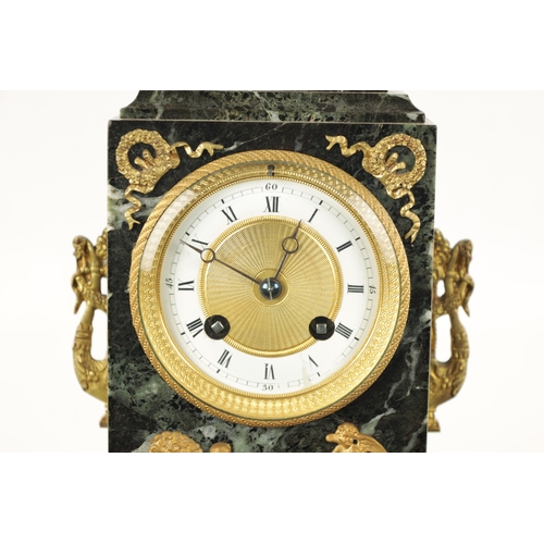 1200 - A LATE 19TH CENTURY FRENCH ANTICO VERDE MARBLE, BRONZE AND ORMOLU MANTEL CLOCK the case surmounted b... 