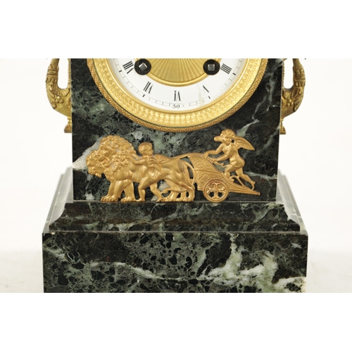 1200 - A LATE 19TH CENTURY FRENCH ANTICO VERDE MARBLE, BRONZE AND ORMOLU MANTEL CLOCK the case surmounted b... 