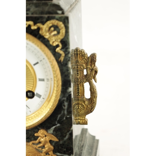 1200 - A LATE 19TH CENTURY FRENCH ANTICO VERDE MARBLE, BRONZE AND ORMOLU MANTEL CLOCK the case surmounted b... 