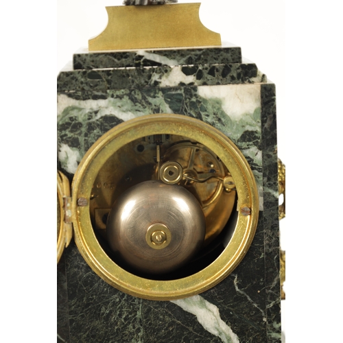 1200 - A LATE 19TH CENTURY FRENCH ANTICO VERDE MARBLE, BRONZE AND ORMOLU MANTEL CLOCK the case surmounted b... 