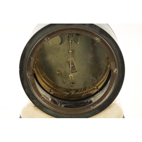 1207 - HENRY, BERKELEY SQUARE. A REGENCY MARBLE FUSEE MANTEL CLOCK the drum-shaped case supported by white ... 