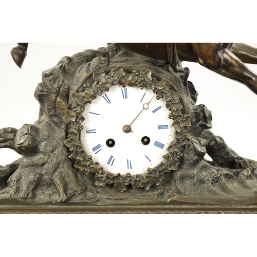 1209 - A LARGE LATE 19TH CENTURY FRENCH BRONZE AND ROUGE MARBLE MANTEL CLOCK modelled as a semi-nude man ri... 