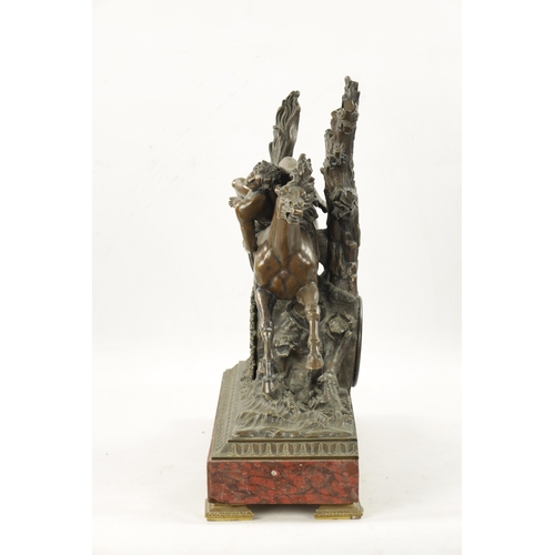 1209 - A LARGE LATE 19TH CENTURY FRENCH BRONZE AND ROUGE MARBLE MANTEL CLOCK modelled as a semi-nude man ri... 