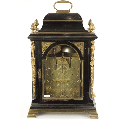 1212 - STEPHEN RIMBAULT, LONDON. A GEORGE III EBONISED QUARTER CHIMING VERGE BRACKET CLOCK the ormolu mount... 