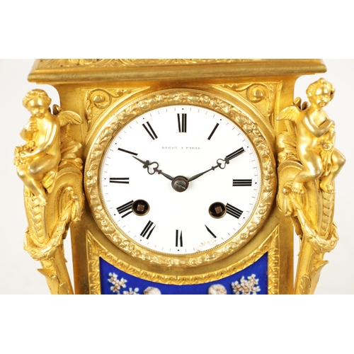 1213 - LEROY A PARIS. A 19TH CENTURY FRENCH ORMOLU AND PORCELAIN PANELLED MANTEL CLOCK the figural case wit... 