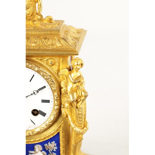 1213 - LEROY A PARIS. A 19TH CENTURY FRENCH ORMOLU AND PORCELAIN PANELLED MANTEL CLOCK the figural case wit... 