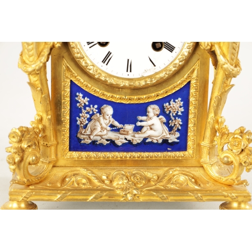 1213 - LEROY A PARIS. A 19TH CENTURY FRENCH ORMOLU AND PORCELAIN PANELLED MANTEL CLOCK the figural case wit... 