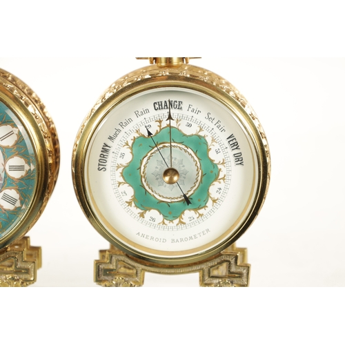 1218 - A LATE 19TH CENTURY DESK CLOCK AND BAROMETER SET the brass cases raised on shaped feet enclosing ena... 