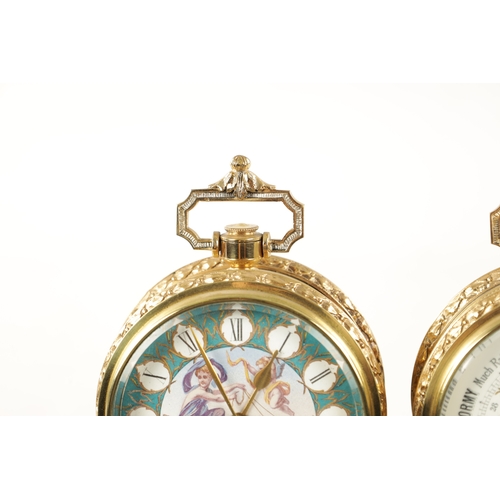 1218 - A LATE 19TH CENTURY DESK CLOCK AND BAROMETER SET the brass cases raised on shaped feet enclosing ena... 