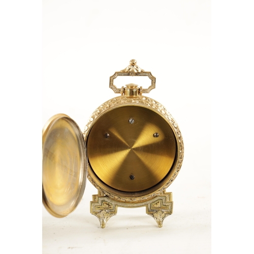 1218 - A LATE 19TH CENTURY DESK CLOCK AND BAROMETER SET the brass cases raised on shaped feet enclosing ena... 