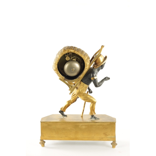 1223 - A FRENCH EMPIRE BRONZE AND ORMOLU BLACKAMOOR FIGURAL MANTEL CLOCK with an eight-day spring-driven mo... 